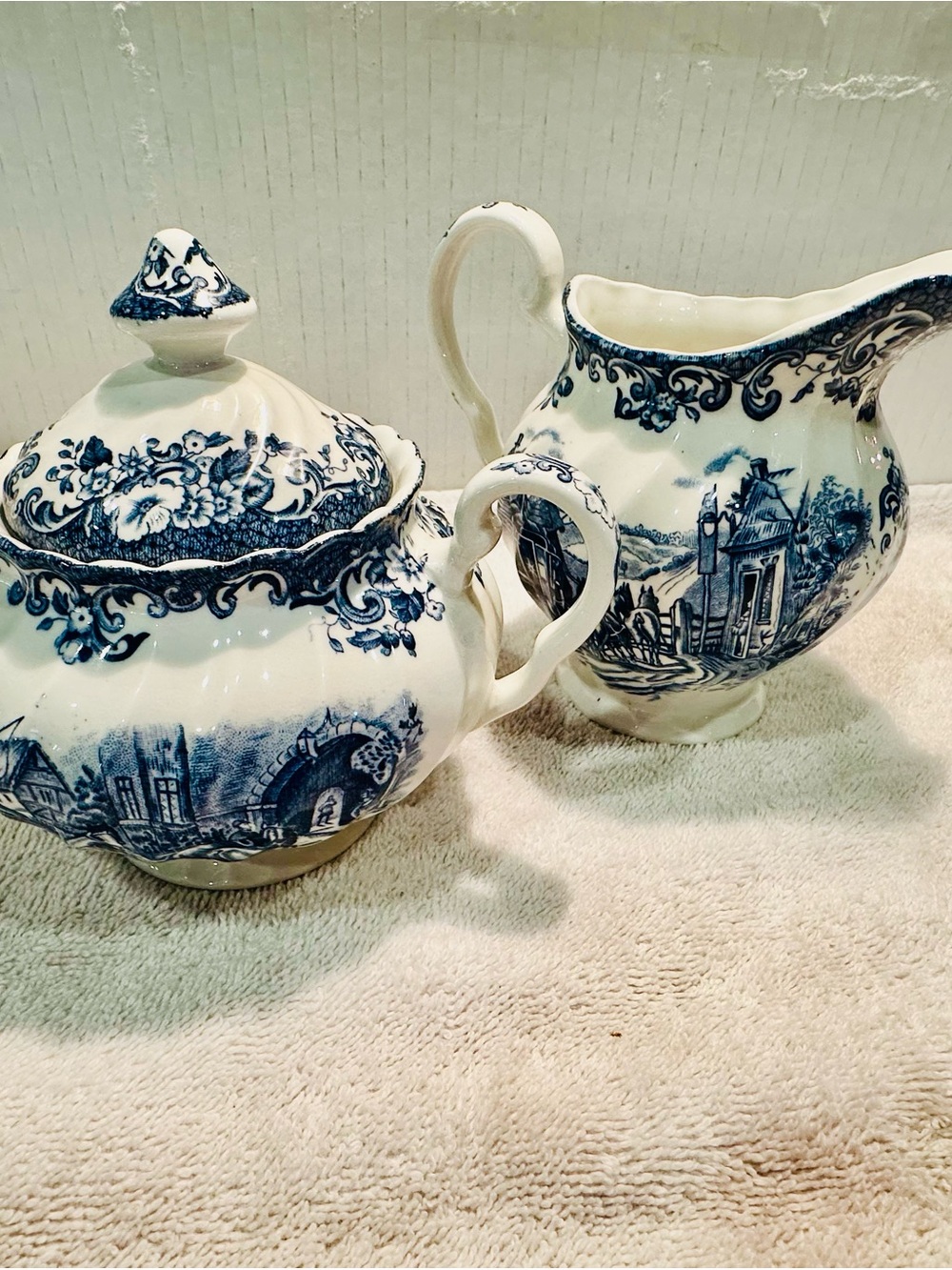 Vintage Coach scene Porcelain Cream Pitcher and Sugar Set by Johnson brothers